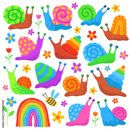Colorful cute snails. Bright simple illustrations  cartoon snails  flowers  rainbow. Happy bright children s illustration.