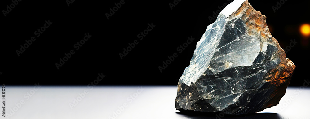 Altaite is a rare precious natural stone on a black background. AI generated. Header banner mockup with space.