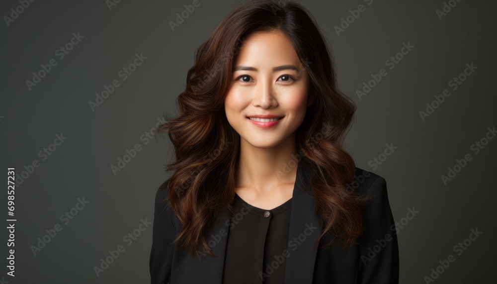 Young happy smiling beautiful asian business woman on white background or office - obrazy, fototapety, plakaty 