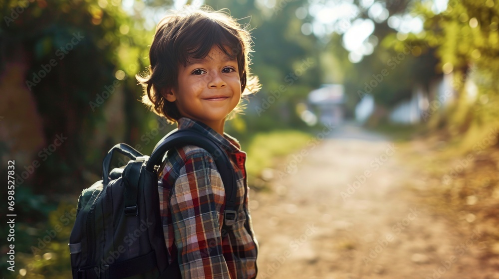 Cheerful boy with a backpack on his shoulders Cheerful boy with a backpack on his shoulders