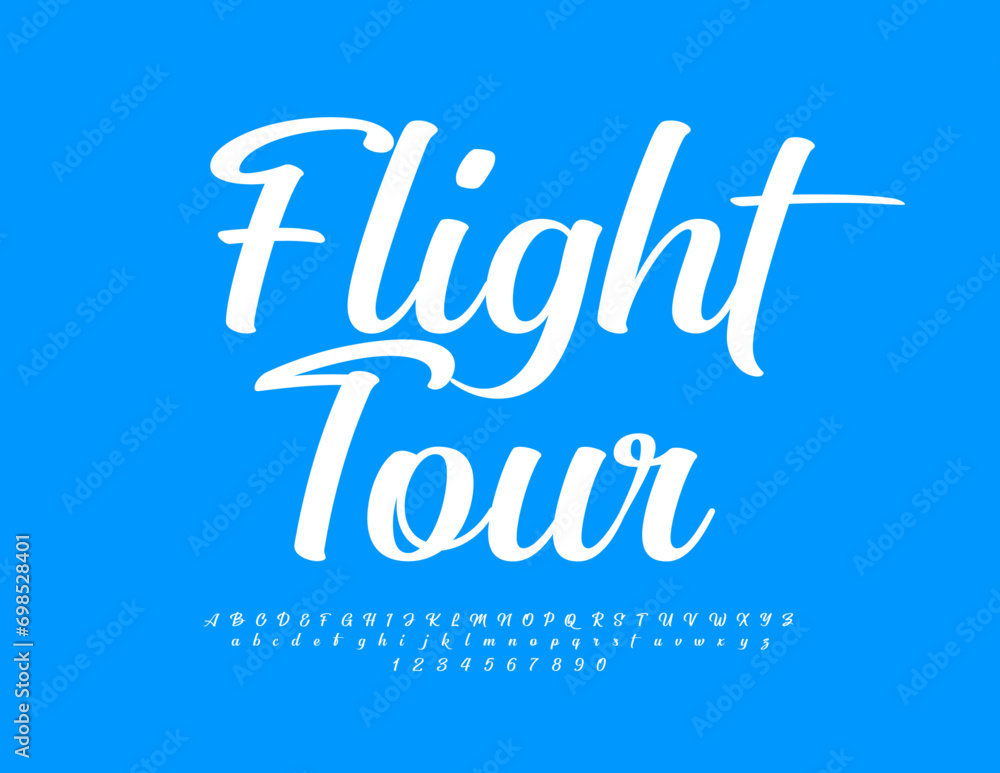 Vector advertising promo Flight Tour. Unique cursive Font. Set of white Alphabet Letters and Numbers