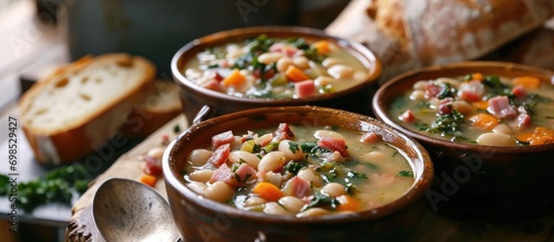 Three servings of white bean soup with ham and vegetables  accompanied by bread.