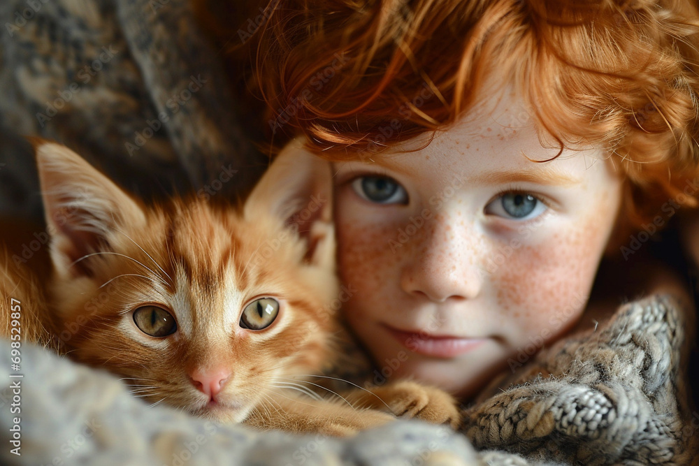 Child holding baby cat. Kids and pets. Little red haired boy hugging cute red little kitten. Domestic animal in family with kids. Children with home pet animals Child holding baby cat. Kids and pets. Little red haired boy hugging cute red little kitten. Domestic animal in family with kids. Children with home pet animals