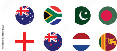 set of flags of different countries including Pakistan, Bangladesh, Australia, south Africa, Seri Lanka, New Zealand, Netherland, national identity isolated on transparent background,
