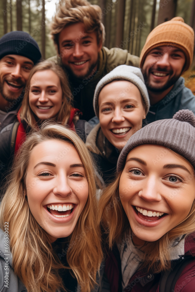 Cheerful friends taking selfies during a vacation. Group of men and women outdoors on a summer day making self portrait. Cheerful friends taking selfies during a vacation. Group of men and women outdoors on a summer day making self portrait.