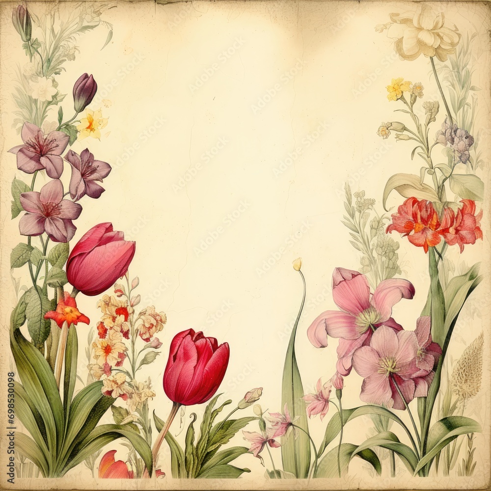 Flowers frame on an antique paper background 