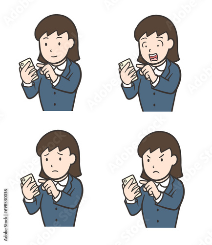 スマホを操作するスーツの女性、驚く顔、怒る顔