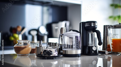 A variety of modern kitchen appliances in a sleek contemporary kitchen.