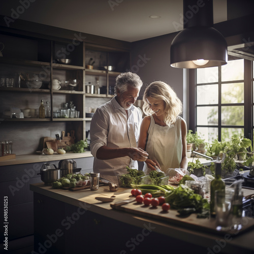 Happy white-haired elderly couple standing in kitchen at home preparing delicious dinner together, chatting with spouses enjoying nice conversation and preparation process, taking care of health