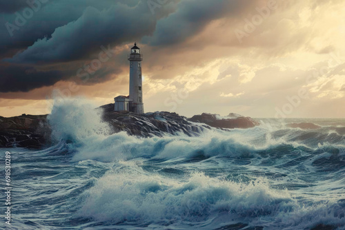 Lighthouse in rough, stormy sea, generative AI