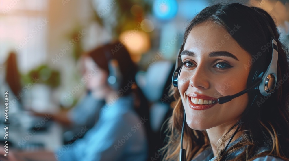 Call center young woman with a smile. Customer service with microphone. Customer service consultant in the areas of telemarketing, sales and support