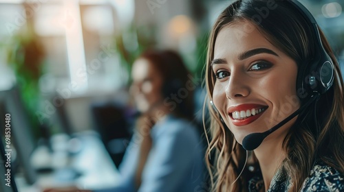 Call center young woman with a smile. Customer service with microphone. Customer service consultant in the areas of telemarketing, sales and support