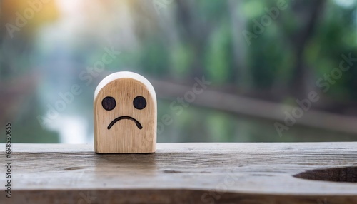 A wooden toy with sad face alone concept of loneliness and depression, unrequited love, parting or divorce photo