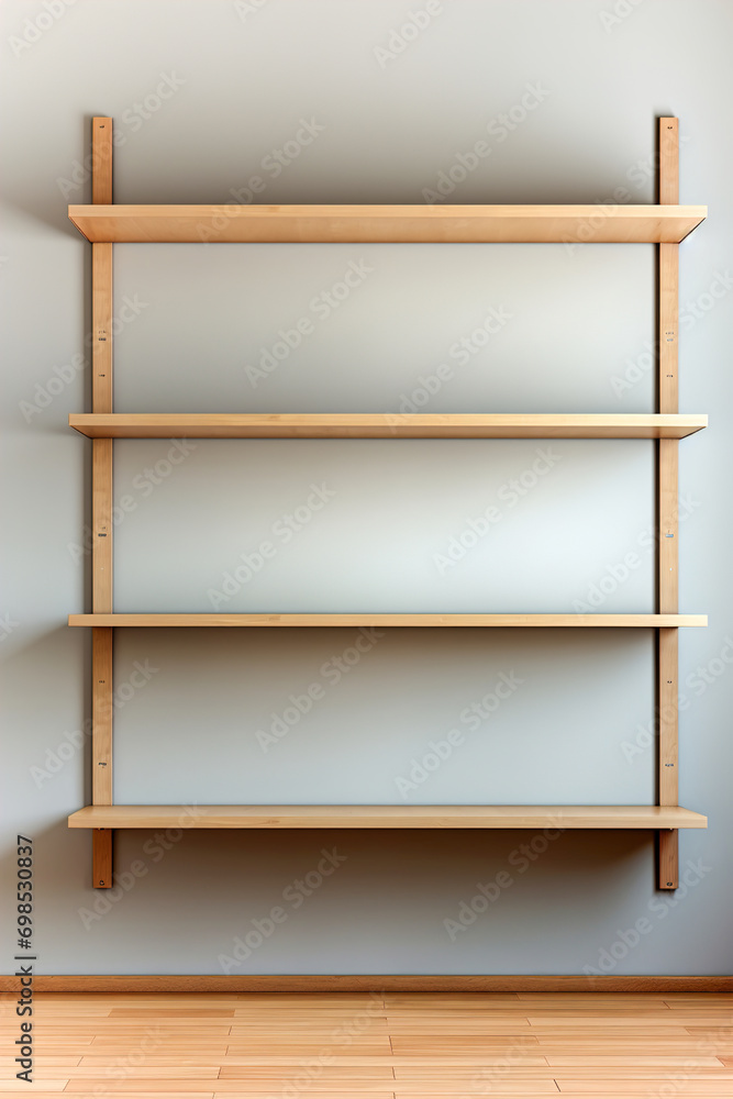 Wooden minimalist empty shelves on white wall for background. Wooden minimalist empty shelves on white wall for background.