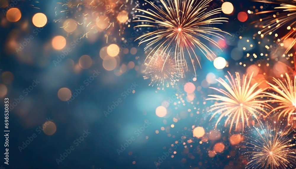 Radiant Celebration. Gold and Blue Fireworks Illuminate the New Year Eve Sky, Creating a Spectacular Display of Bokeh and Joyful Illumination with Ample Copy Space for Holiday Wishes. Radiant Celebration. Gold and Blue Fireworks Illuminate the New Year Eve Sky, Creating a Spectacular Display of Bokeh and Joyful Illumination with Ample Copy Space for Holiday Wishes.