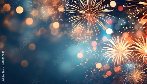 Radiant Celebration. Gold and Blue Fireworks Illuminate the New Year Eve Sky, Creating a Spectacular Display of Bokeh and Joyful Illumination with Ample Copy Space for Holiday Wishes. © MEHDI