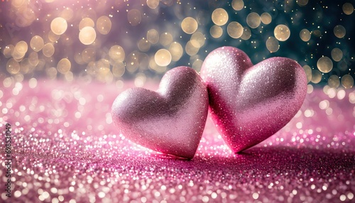 Two Hearts on Pink Glitter in a Shiny Background. Valentine's Day Concept.