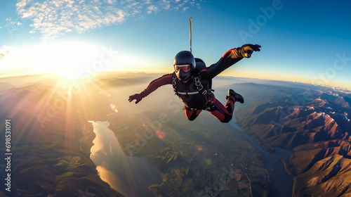A thrilling skydiving adventure over a breathtaking mountain range with adrenaline pumping and the earth below. photo