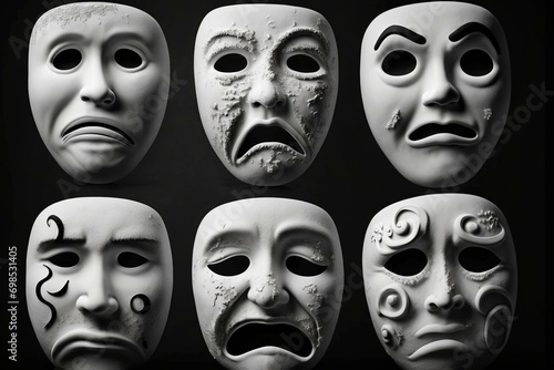 Masks displaying conflicting emotions of sadness and joy. Generative AI