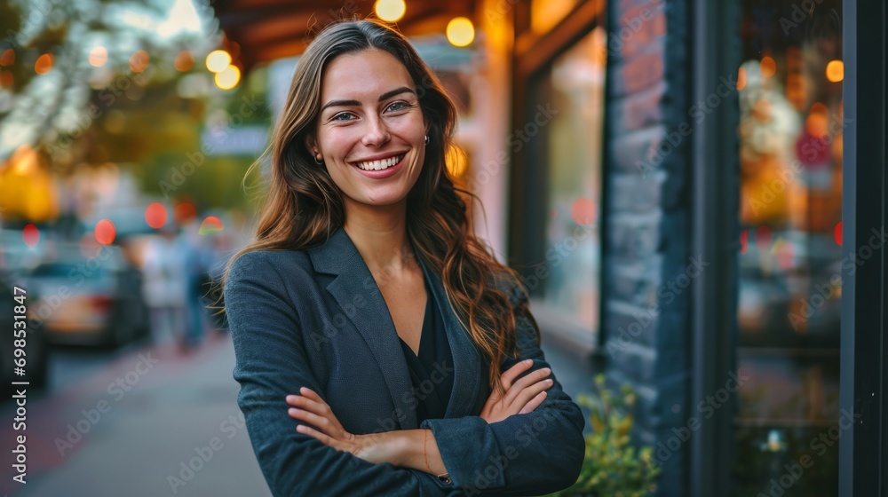 Optimistic businesswoman stands confidently on the street with her arms crossed Optimistic businesswoman stands confidently on the street with her arms crossed