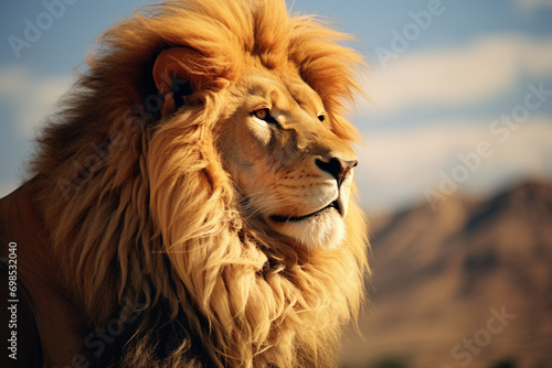 A close-up shot of a regal lion, its mane flowing in the wind, © Oleksandr
