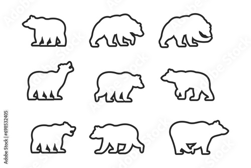 various line art bear silhouettes on the white background, bear icon set
