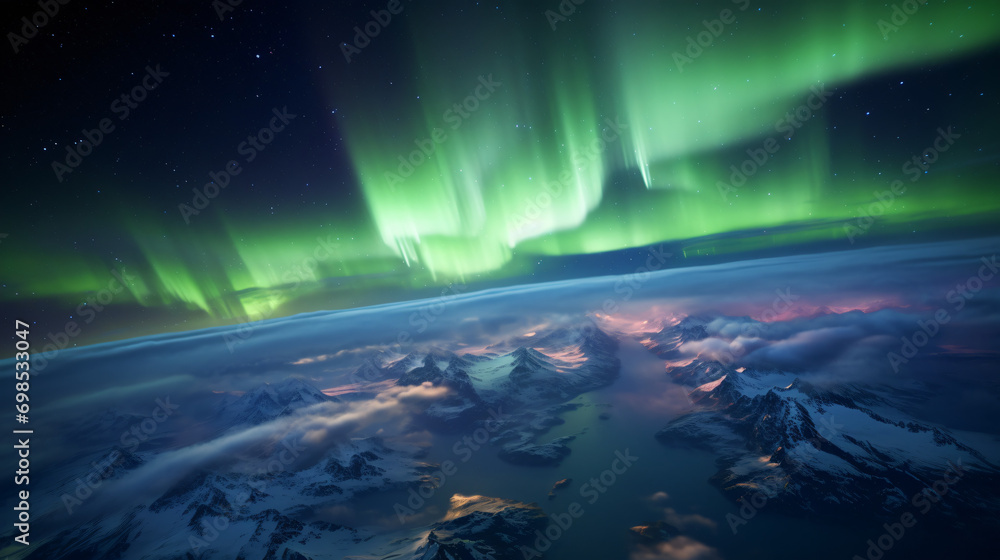 The breathtaking Aurora Borealis as seen from a spacecraft near the Arctic Circle.