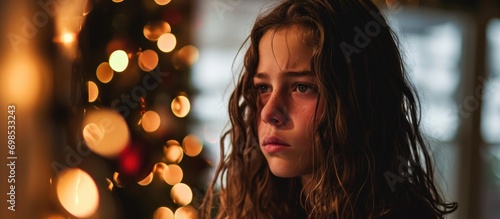 Unhappy young teen boy with long hair, sad eyes, and negative mood crying at home during the holiday season.