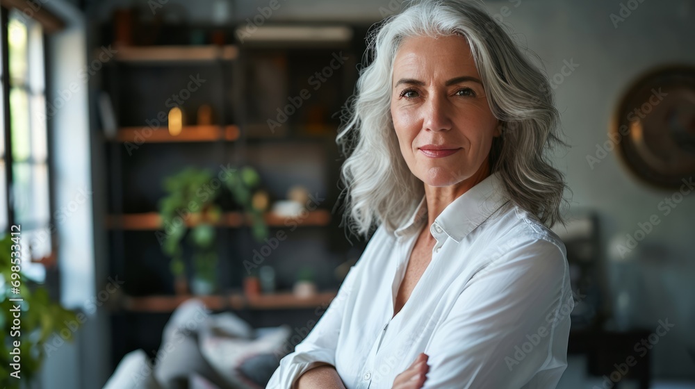 A stylish and confident woman in a white shirt is standing in the office A stylish and confident woman in a white shirt is standing in the office