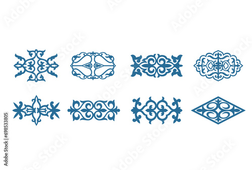 Islamic ornament vector, persian motiff. 3d ramadan islamic round pattern elements. Geometric logo template set. Circular ornamental arabic symbols. National pattern of the Kazakhs, Kyrgyz, Mongols.