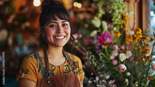 Cheerful Latin American woman in her flower shop. Florist in the flower business. Portrait of a female florist among flowers looking at the camera