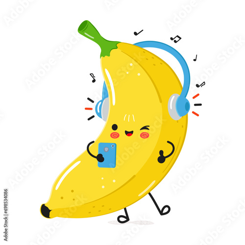 Banana listens to music on headphones with a smartphone. Vector hand drawn cartoon kawaii character illustration icon. Isolated on white background. Banana character concept