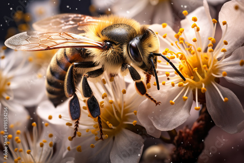 The fine details of a bee covered in pollen, showcasing the texture of its fuzzy body against the backdrop of a blossoming flower. © Oleksandr