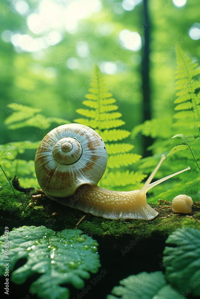 The stunning intricacies of a snail's shell, captured in soft focus against a backdrop of lush greenery The stunning intricacies of a snail's shell, captured in soft focus against a backdrop of lush greenery
