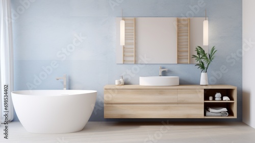 Modern minimalist bathroom interior with wooden furniture. Light blue wall, hanging cabinet with countertop sink, towels and bathroom accessories, freestanding bathtub, indoor plant.