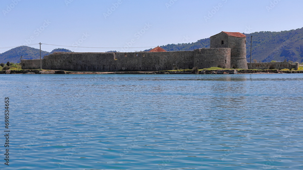 The AD 1655 Ottoman-built triangular fortress on the Vivari Channel south side, Venetian-captured in 1660 who used it to protect the fishing industry, Butrint archaeological site. Vlore county-Albania