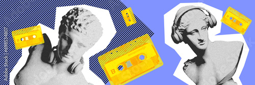 Antique statue busts listening to music in headphones with retro cassette over blue background. Contemporary art collage. Concept of creativity, imagination, template for ad, postcard, banner