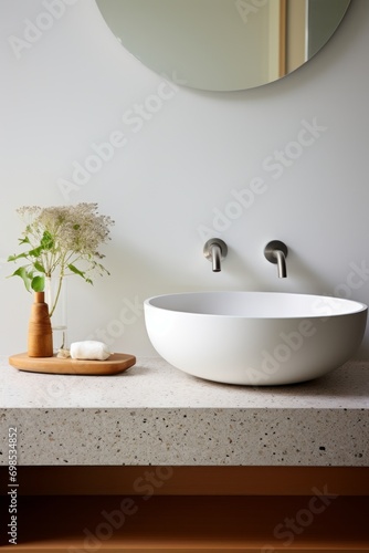 Fragment of minimalist bathroom with white wall  Terrazzo stone countertop  white sink  wall mounted faucets and elegant stand for cosmetic accessories.