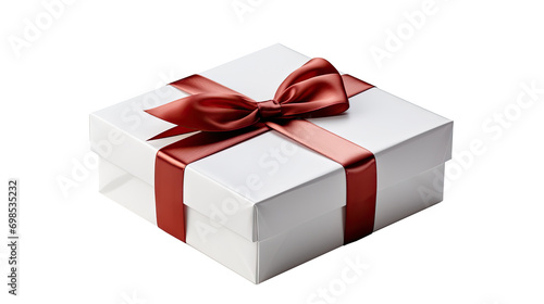 one white gift box with red ribbon and bow isolated with clipping path