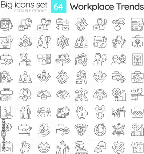 2D editable black big thin line icons set representing workplace trends, isolated simple vector, linear illustration.
