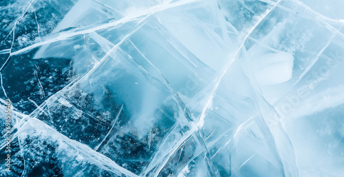 ice texture cracks lake, abstract background winter ice transparent blue. Closeup of a cracked ice texture.  © Viks_jin