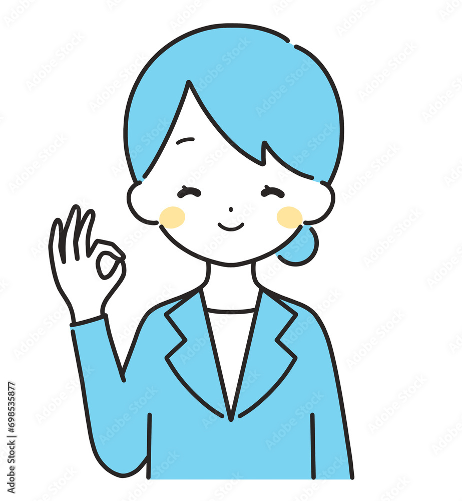 水色｜OKマークのスーツの女性｜上半身