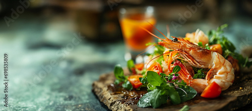 Grilled shrimps with greens on restaurant plate. Fresh shrimp on white plate and fresh vegetables, cooked shrimps prawns and seafood spicy chili sauce coriander, cooking shrimp salad lemon lime photo