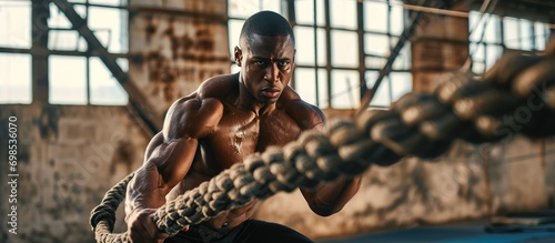 Photo of a fit man with a bare chest, exercising with a battle rope, showcasing strength and motivation. photo
