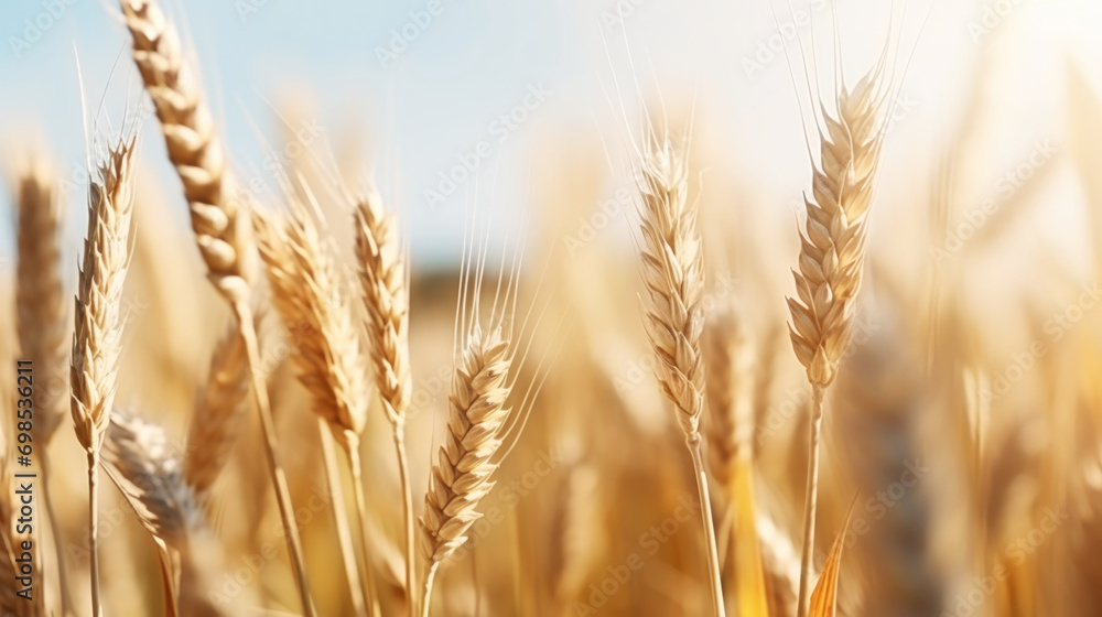 Close up of ripe golden wheat ears, field of wheat in a summer day, sun flare. Harvesting period. Generative AI Close up of ripe golden wheat ears, field of wheat in a summer day, sun flare. Harvesting period. Generative AI