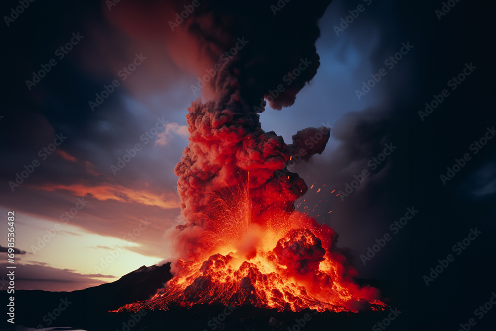 A photograph capturing the explosive power of a volcanic eruption, with molten lava spewing into the air against a backdrop of fiery intensity.