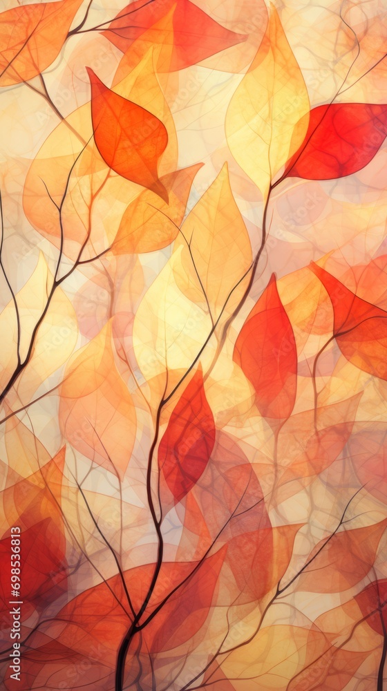 Autumn abstraction. Abstract leaves and branches in warm autumn colors with a hint of gold