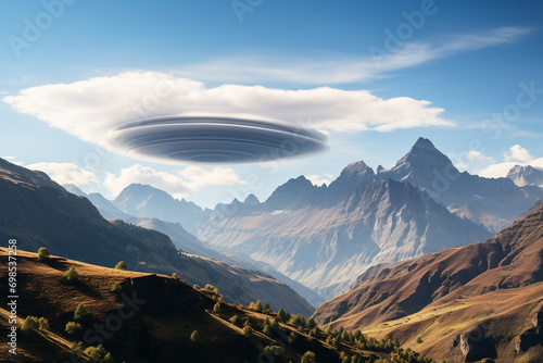 Lenticular cloud formation over mountain peaks, creating a striking and surreal atmospheric display. photo