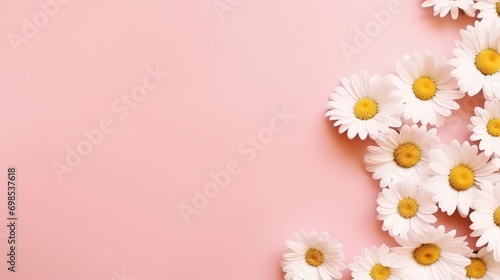 Chamomile flowers on a pink background with space for your text