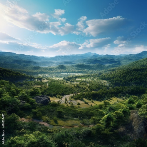 Bird's-eye panoramic shot of a spacious forest landscape from a hill
